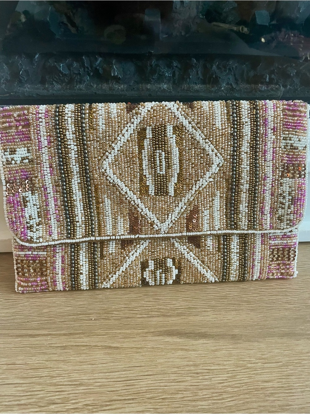 Charming Charlie Beaded Envelope Clutch in Tan, White & Pink Accents